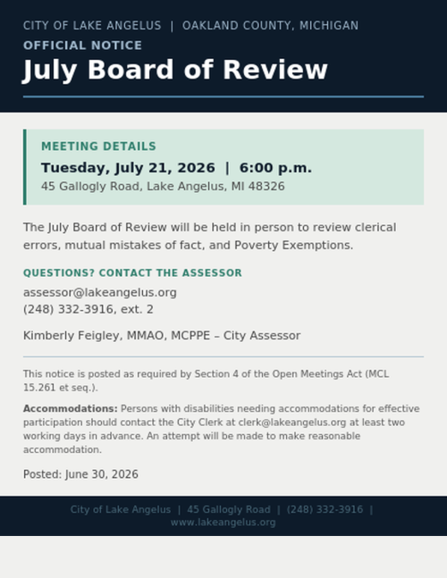 July Board of Review - July 21, 2026 at 6 pm